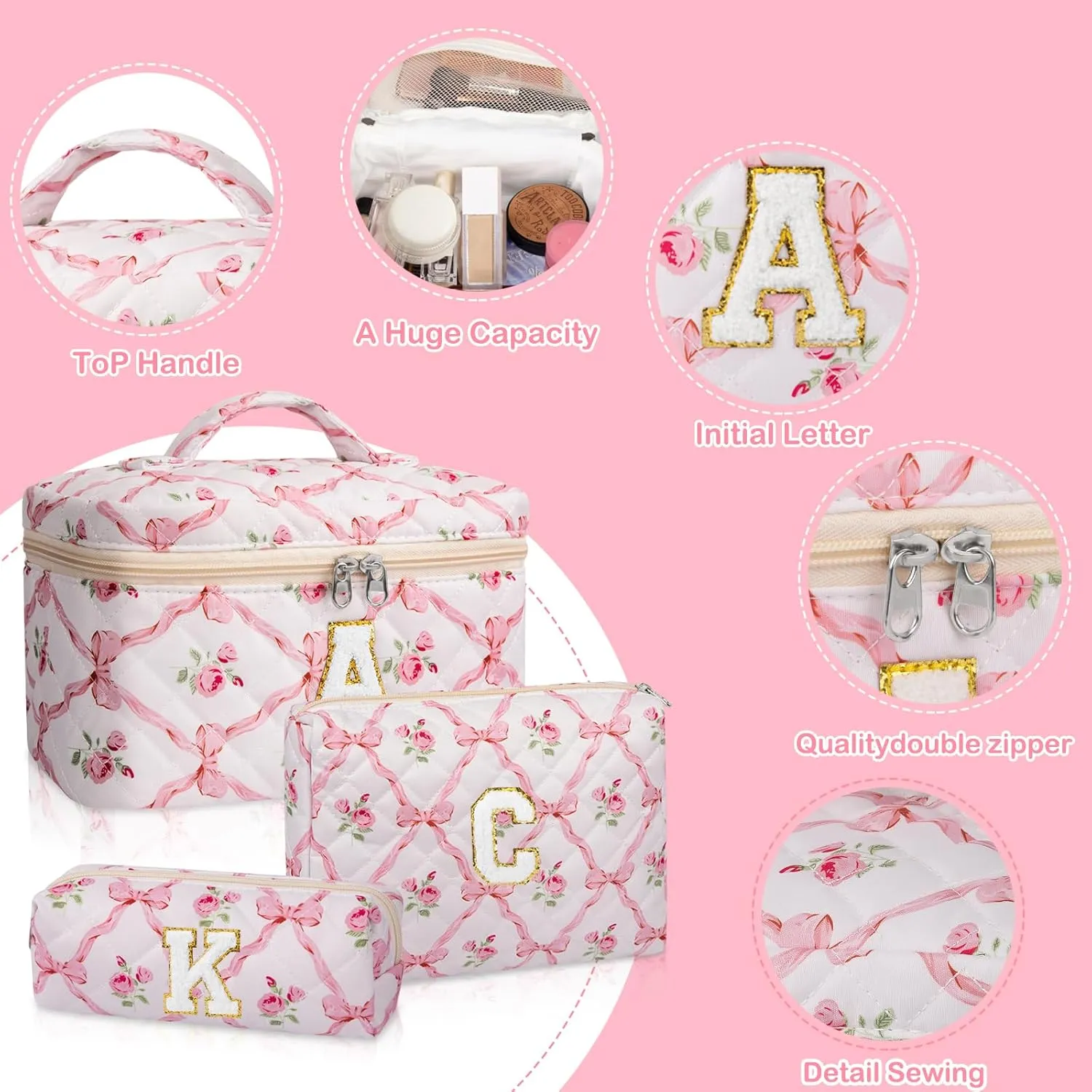 Personalized Initial Makeup Bag Set, Quilted Makeup Bag, Large Floral Cosmetic Bag for Women, Cute Cotton Custom Make up Bags, Flower Travel Toiletry Bag Teen Girl Gift Trendy Stuff Gift M