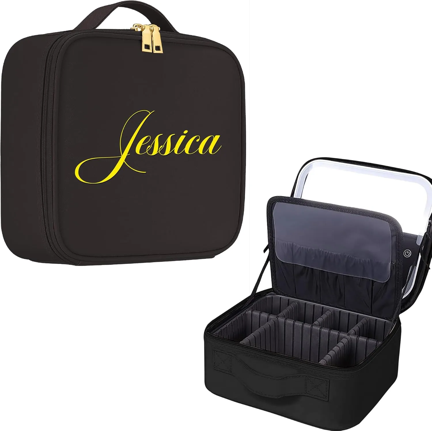 Personalized Travel Makeup Bag with Led Mirror Custom Name Travel Cosmetic Case Portable Storage Adjustable Dividers Makeup Box Birthday Christmas Gifts For Women Mom