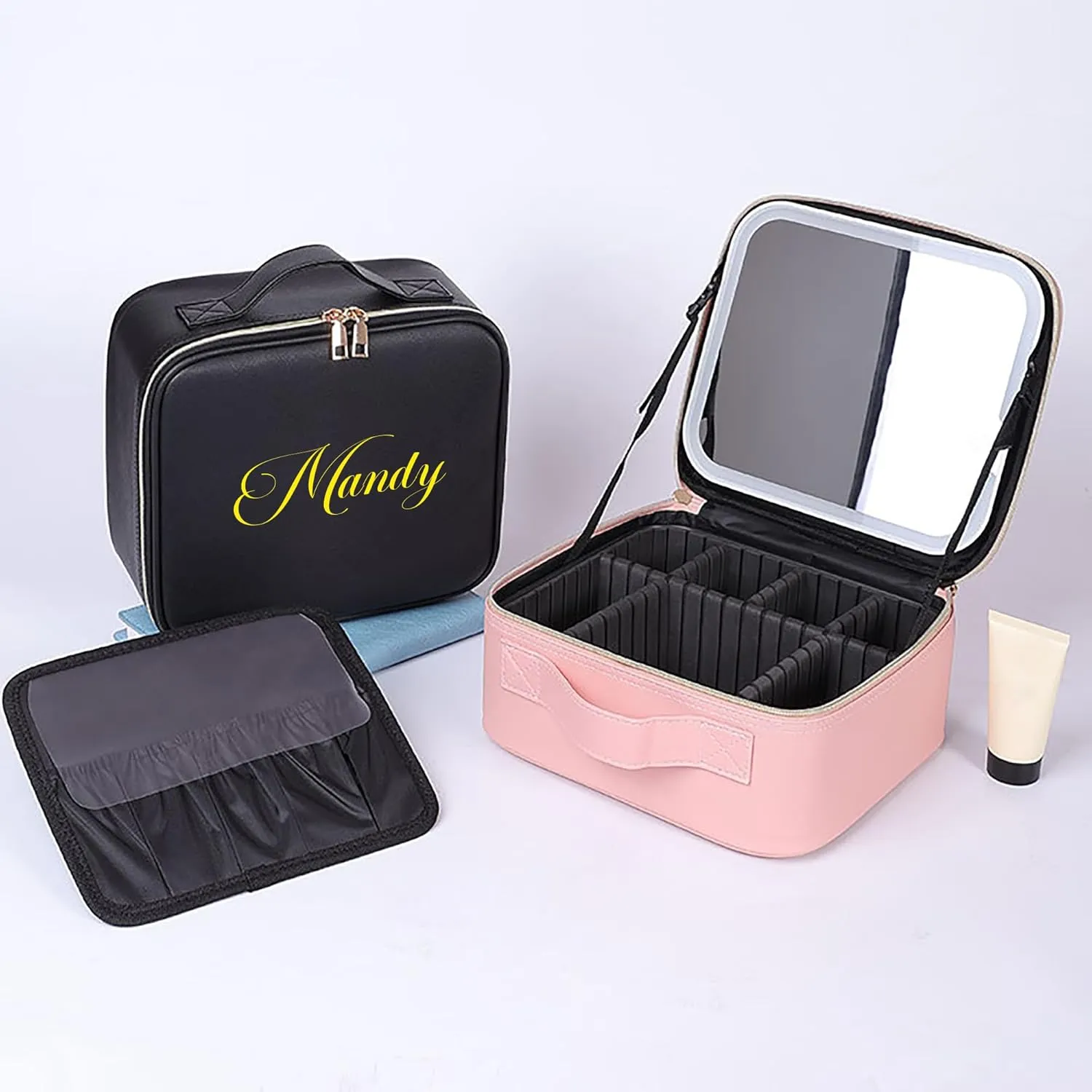 Personalized Travel Makeup Bag with Led Mirror Custom Name Travel Cosmetic Case Portable Storage Adjustable Dividers Makeup Box Birthday Christmas Gifts For Women Mom