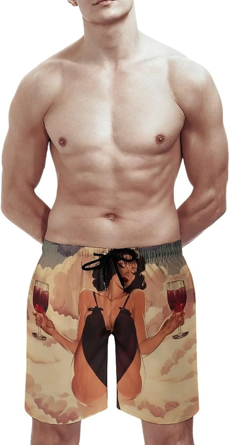 Pin Up Girl Alcohol Cheers Men's Swim Trunks Quick Dry Board Shorts Breathable Summer Beach Shorts Bathing Suits
