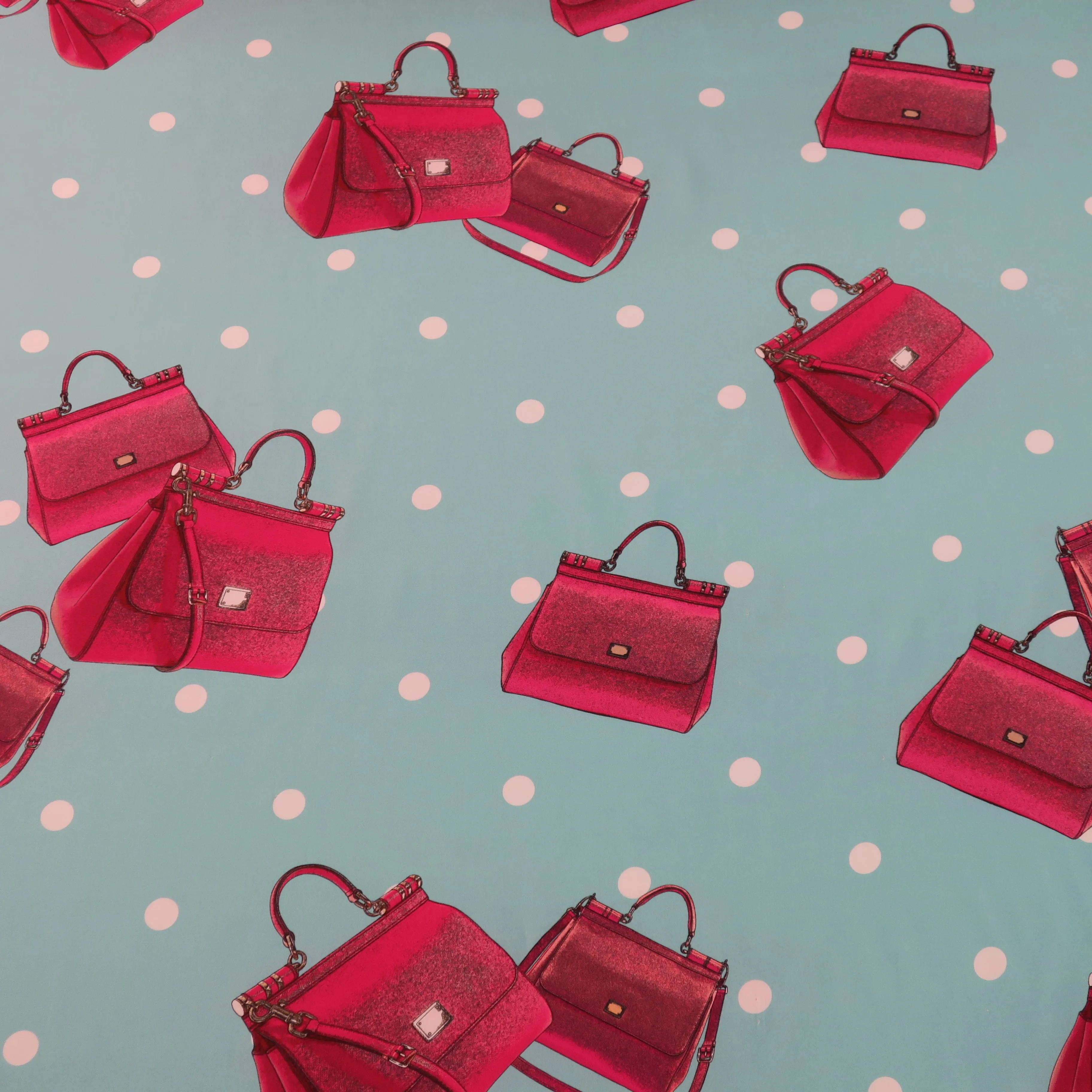Pink Purses on Turquoise Ground Printed Silk Charmeuse Fabric