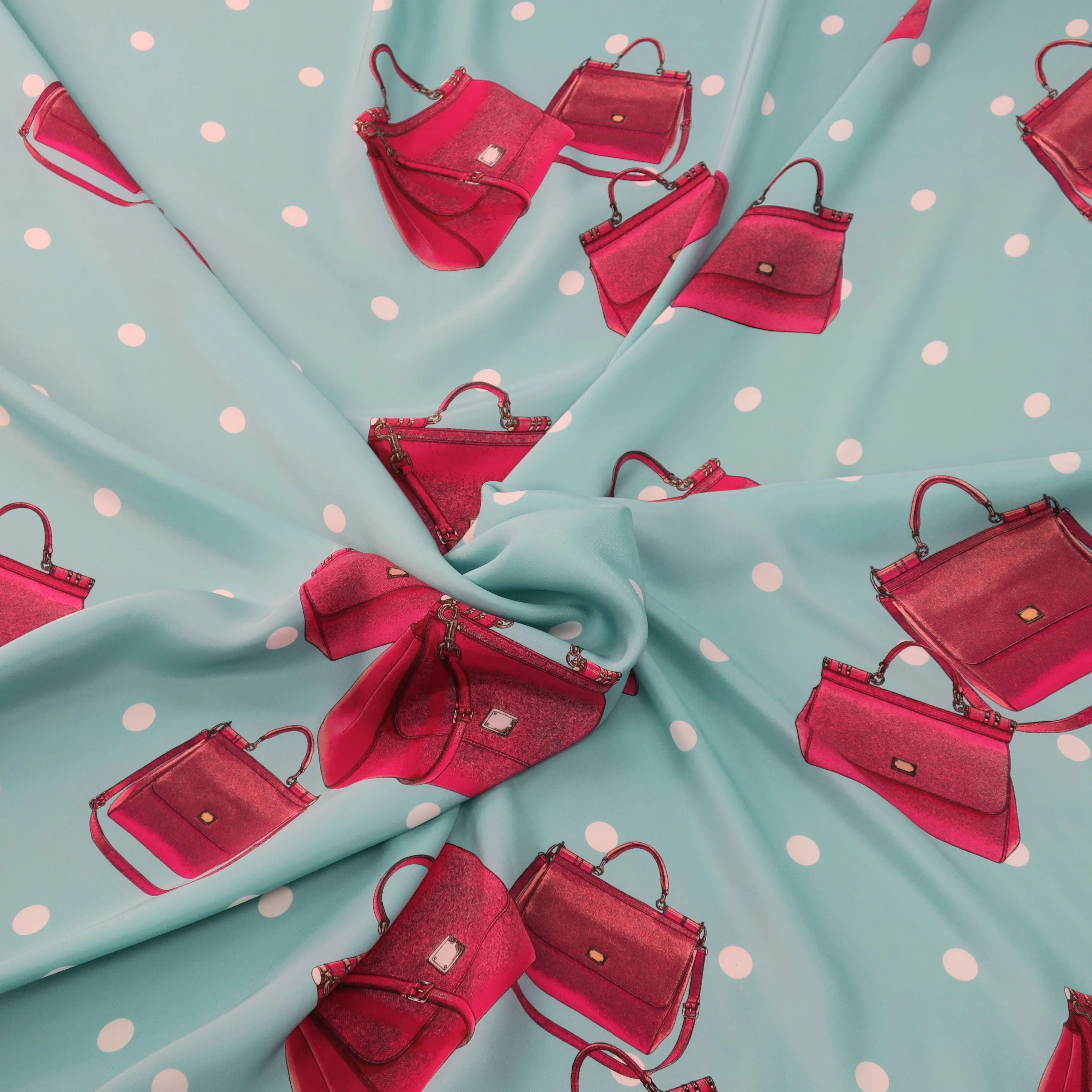 Pink Purses on Turquoise Ground Printed Silk Charmeuse Fabric