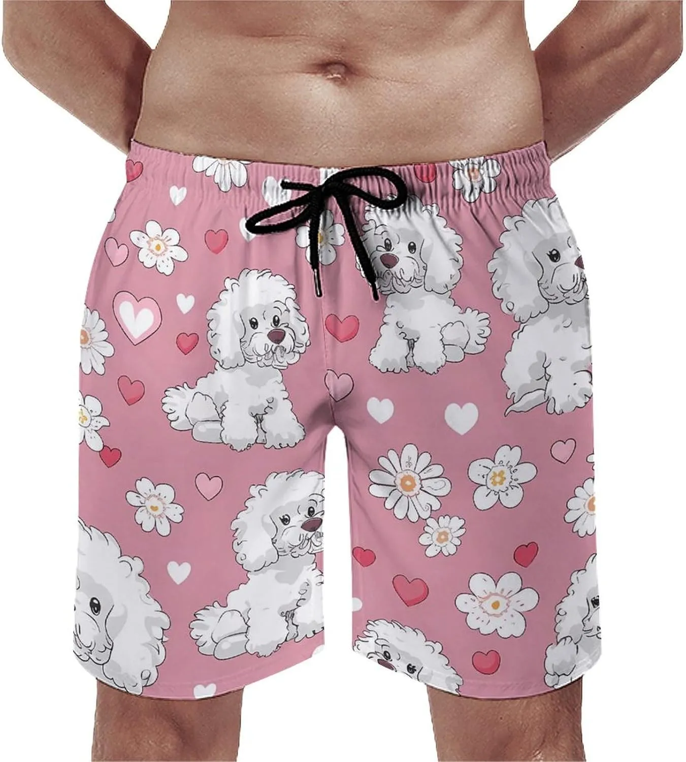 Poodle Dogs Hearts Flowers Men's Swim Trunks Quick Dry Board Shorts Breathable Summer Beach Shorts Bathing Suits