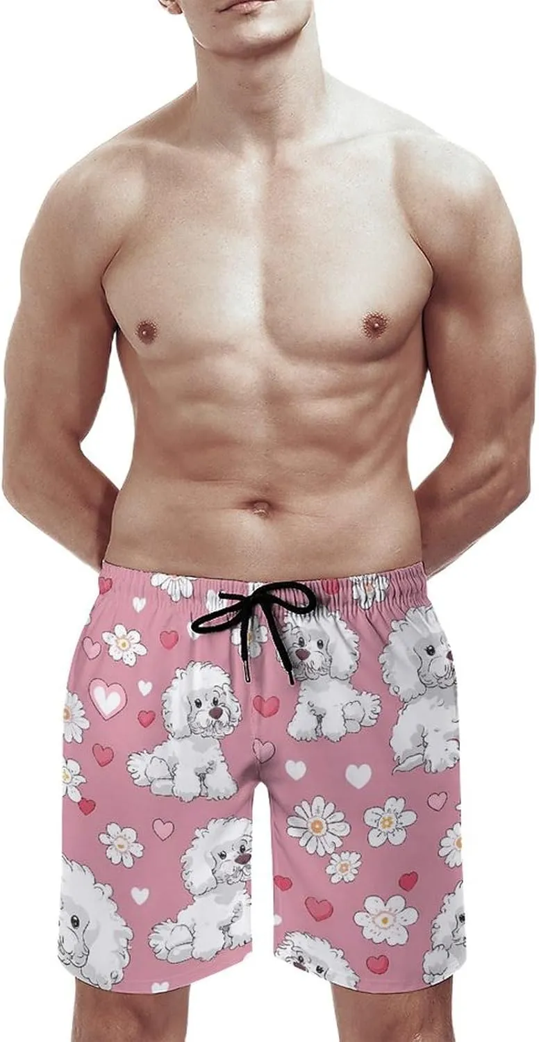 Poodle Dogs Hearts Flowers Men's Swim Trunks Quick Dry Board Shorts Breathable Summer Beach Shorts Bathing Suits