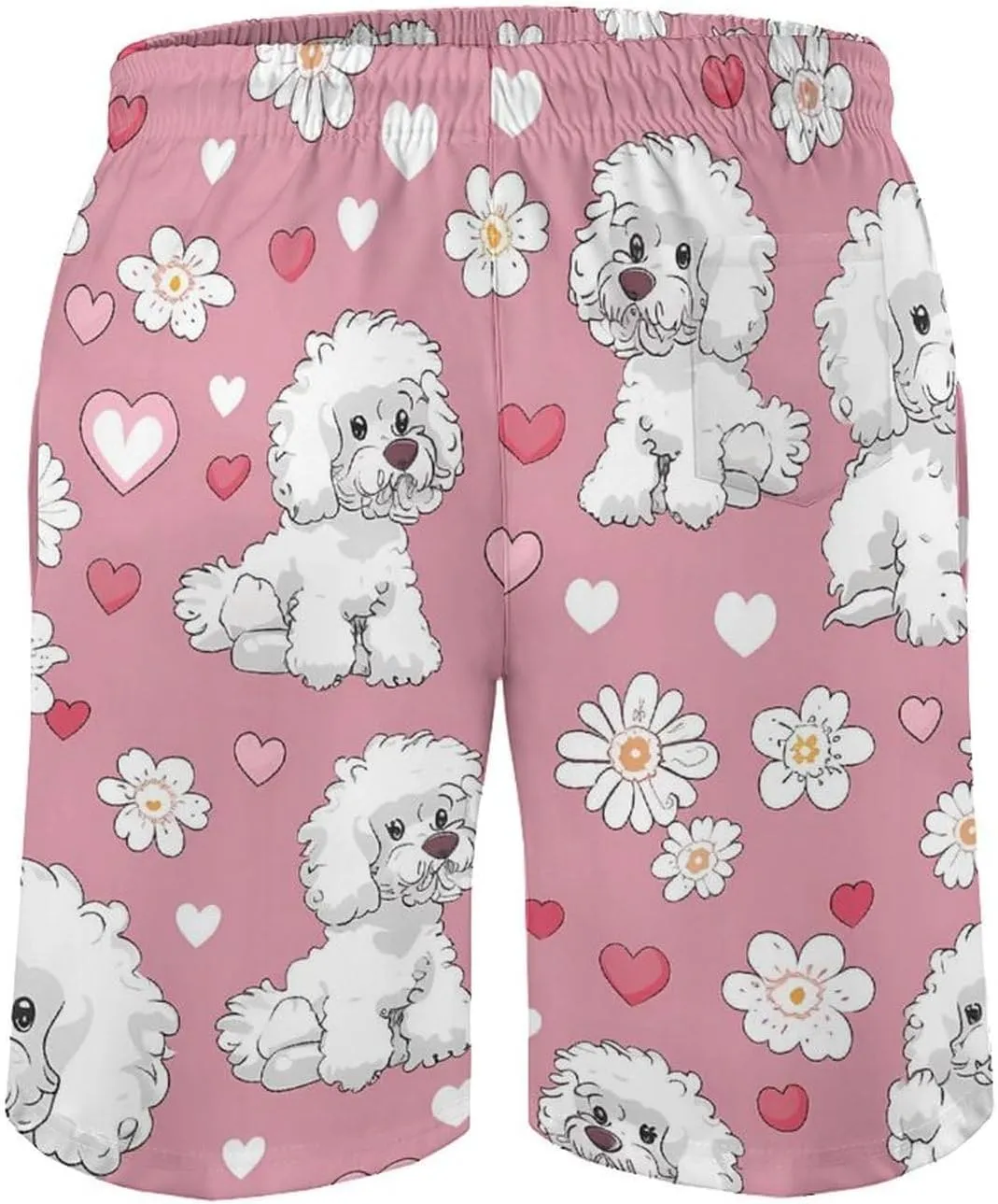 Poodle Dogs Hearts Flowers Men's Swim Trunks Quick Dry Board Shorts Breathable Summer Beach Shorts Bathing Suits
