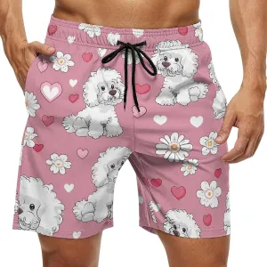 Poodle Dogs Hearts Flowers Men's Swim Trunks Quick Dry Board Shorts Breathable Summer Beach Shorts Bathing Suits
