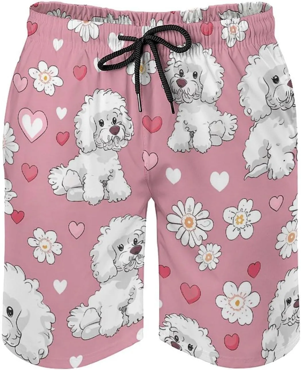 Poodle Dogs Hearts Flowers Men's Swim Trunks Quick Dry Board Shorts Breathable Summer Beach Shorts Bathing Suits