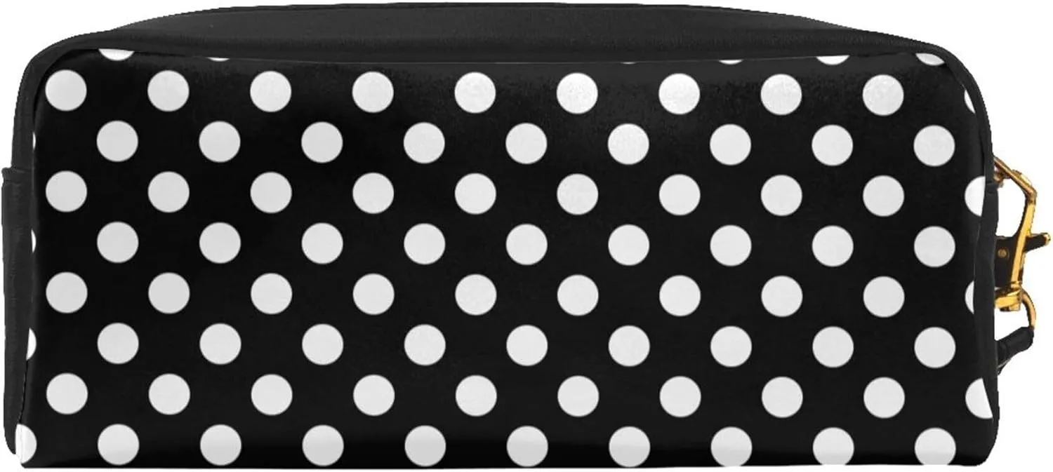 Portable Makeup Case Cosmetic Bag for Women Small Pouch Travel Organizer Purse Wristlet With Zipper, PU Leather Cosmetic Pouch Compatible with White Black Polka Dots