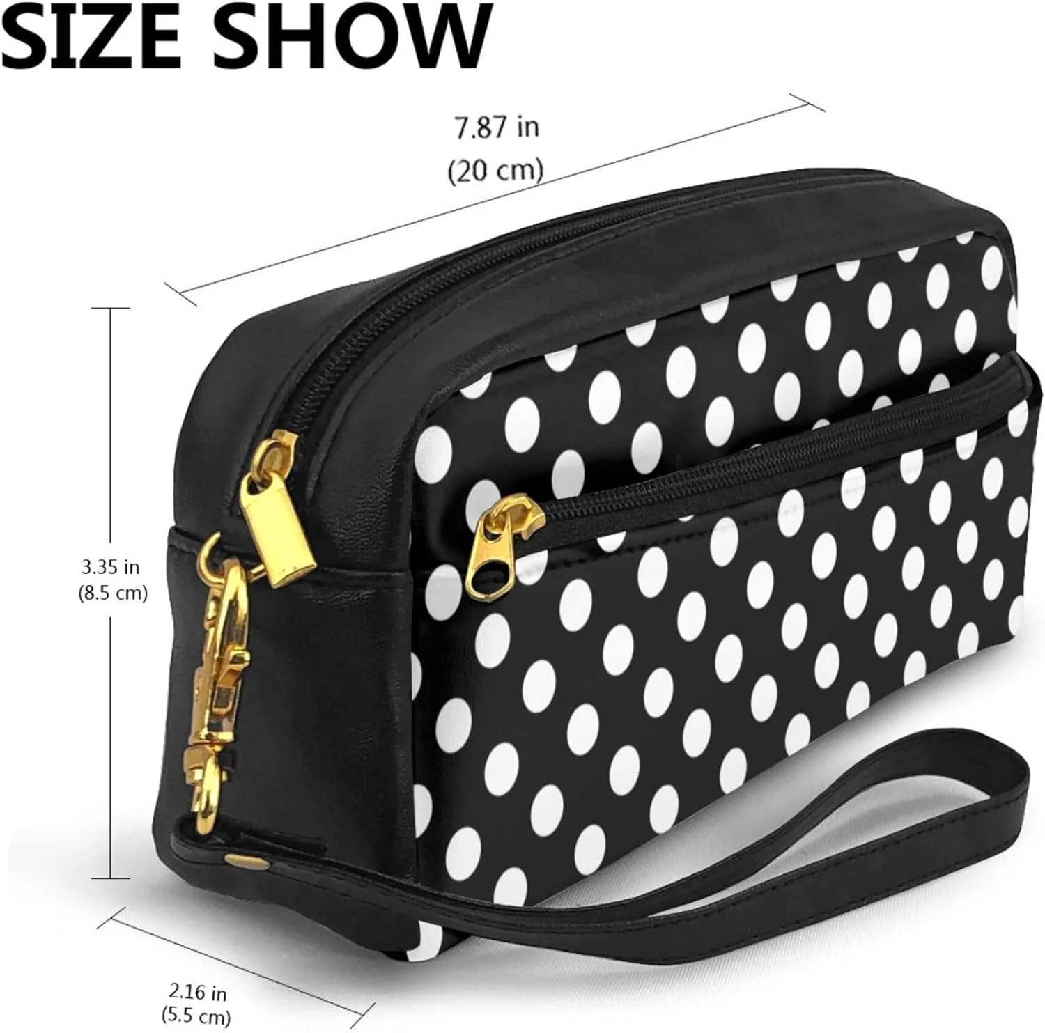 Portable Makeup Case Cosmetic Bag for Women Small Pouch Travel Organizer Purse Wristlet With Zipper, PU Leather Cosmetic Pouch Compatible with White Black Polka Dots