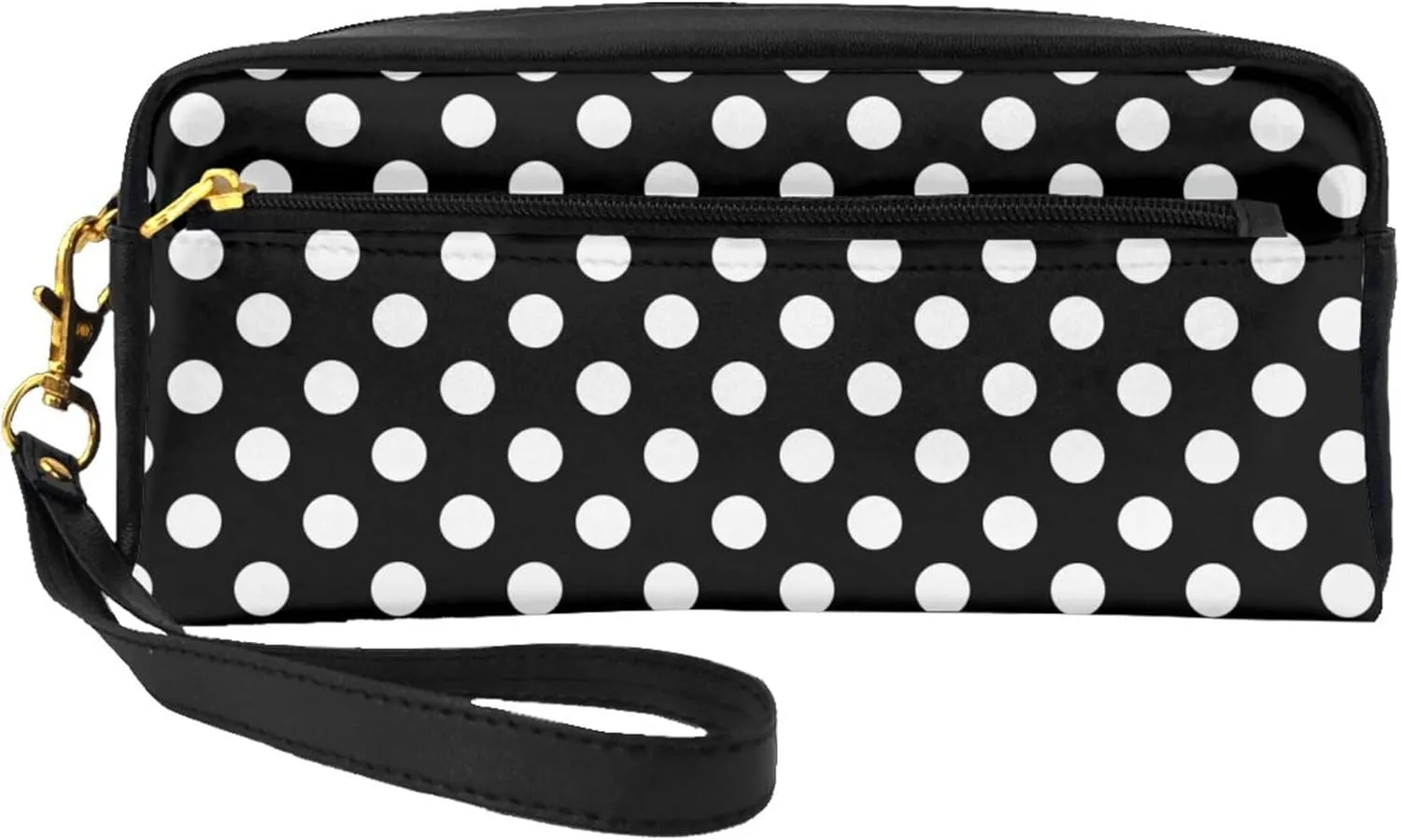 Portable Makeup Case Cosmetic Bag for Women Small Pouch Travel Organizer Purse Wristlet With Zipper, PU Leather Cosmetic Pouch Compatible with White Black Polka Dots