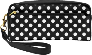 Portable Makeup Case Cosmetic Bag for Women Small Pouch Travel Organizer Purse Wristlet With Zipper, PU Leather Cosmetic Pouch Compatible with White Black Polka Dots