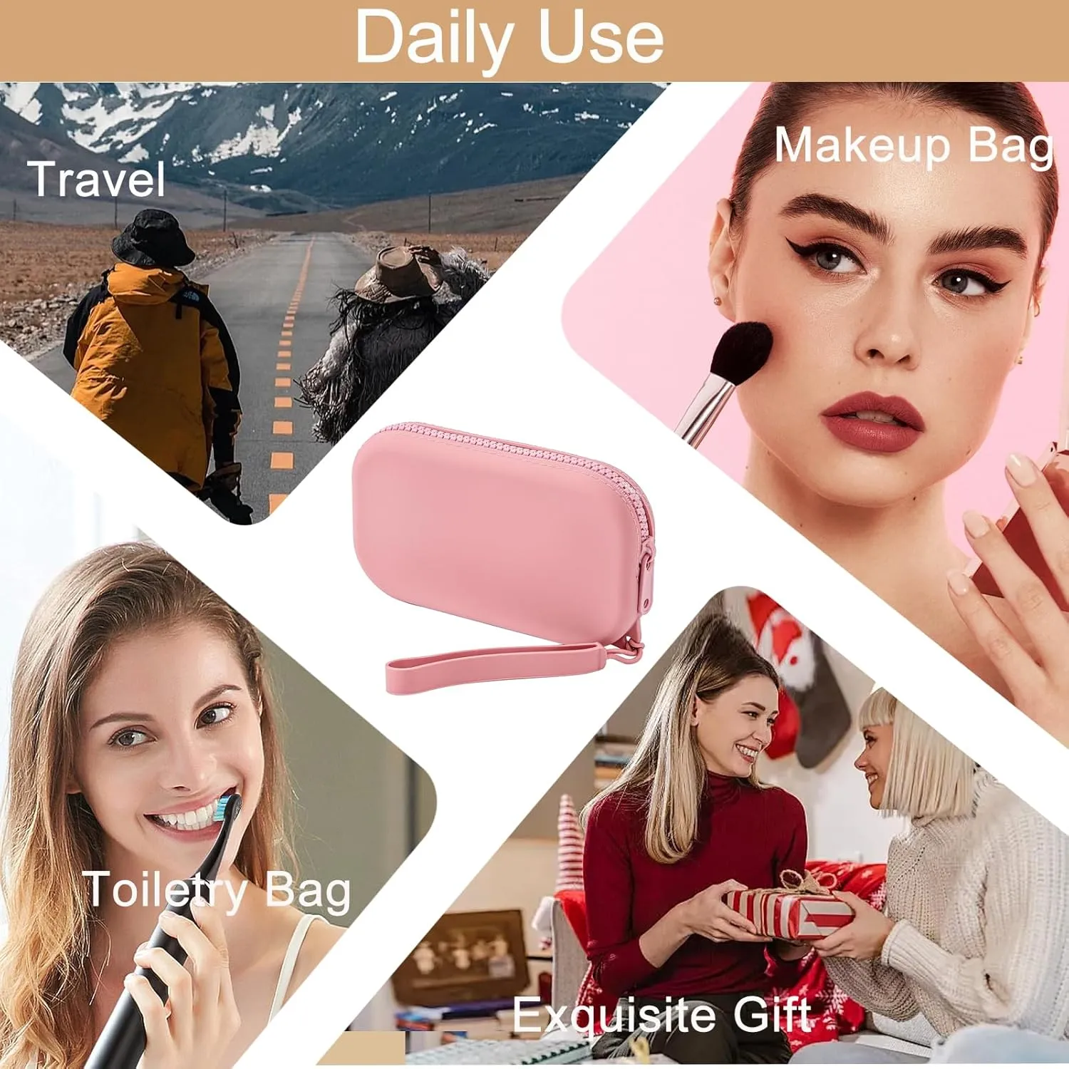 Portable Silicone Makeup Bag for Women, Small Travel Waterproof Toiletry Cosmetic Bag, Zipper Closure Organizer Makeup Case with Handle (Brick Red)