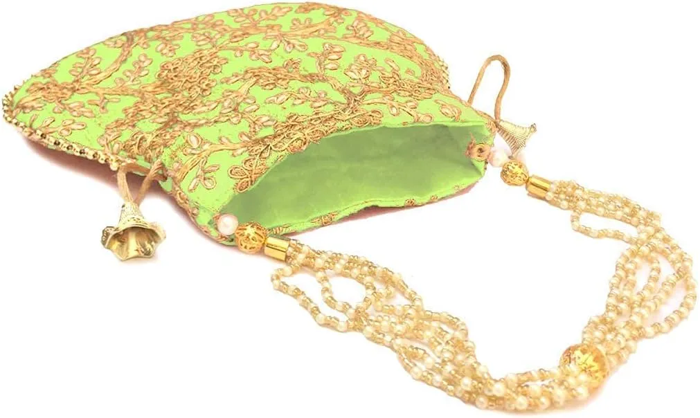 Potli Bag For Women With Intricate Gold Thread & Sequin Ethnic Designer Embroidery Work Batwa Pearls Handle