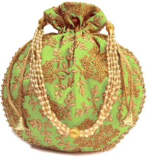Potli Bag For Women With Intricate Gold Thread & Sequin Ethnic Designer Embroidery Work Batwa Pearls Handle