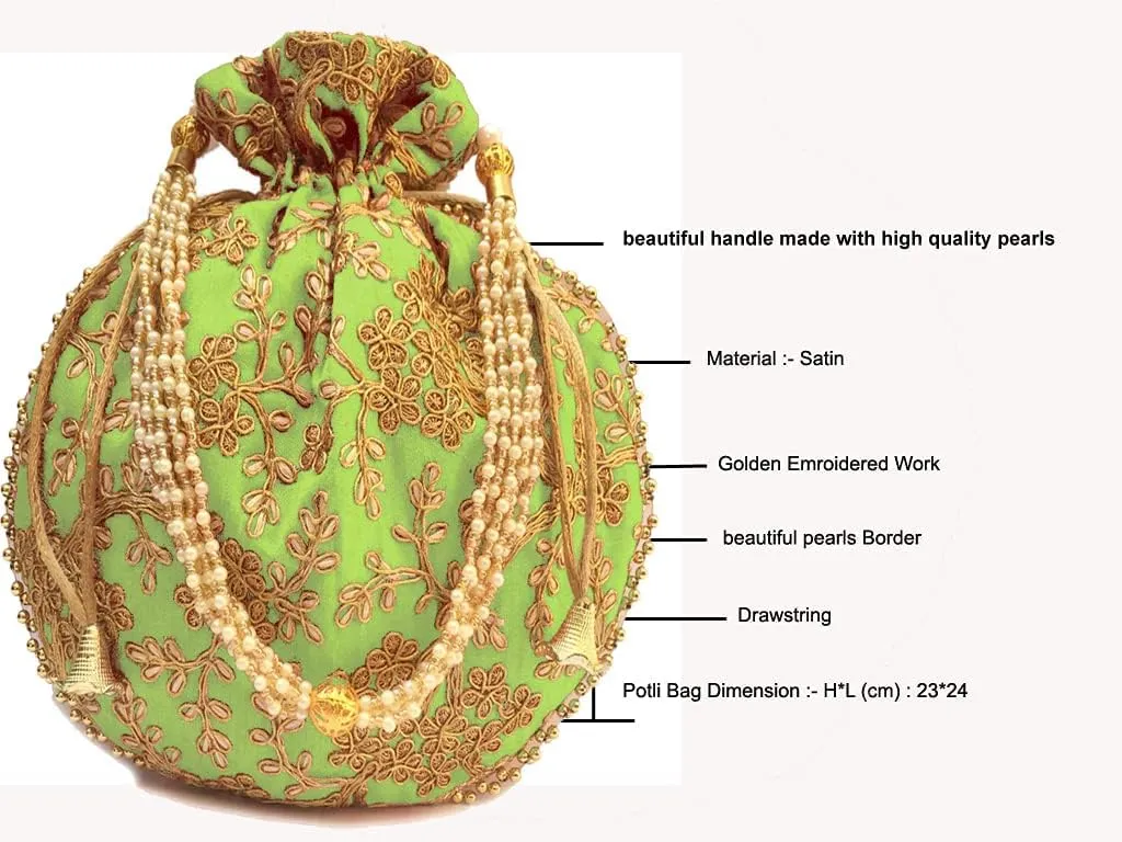 Potli Bag For Women With Intricate Gold Thread & Sequin Ethnic Designer Embroidery Work Batwa Pearls Handle