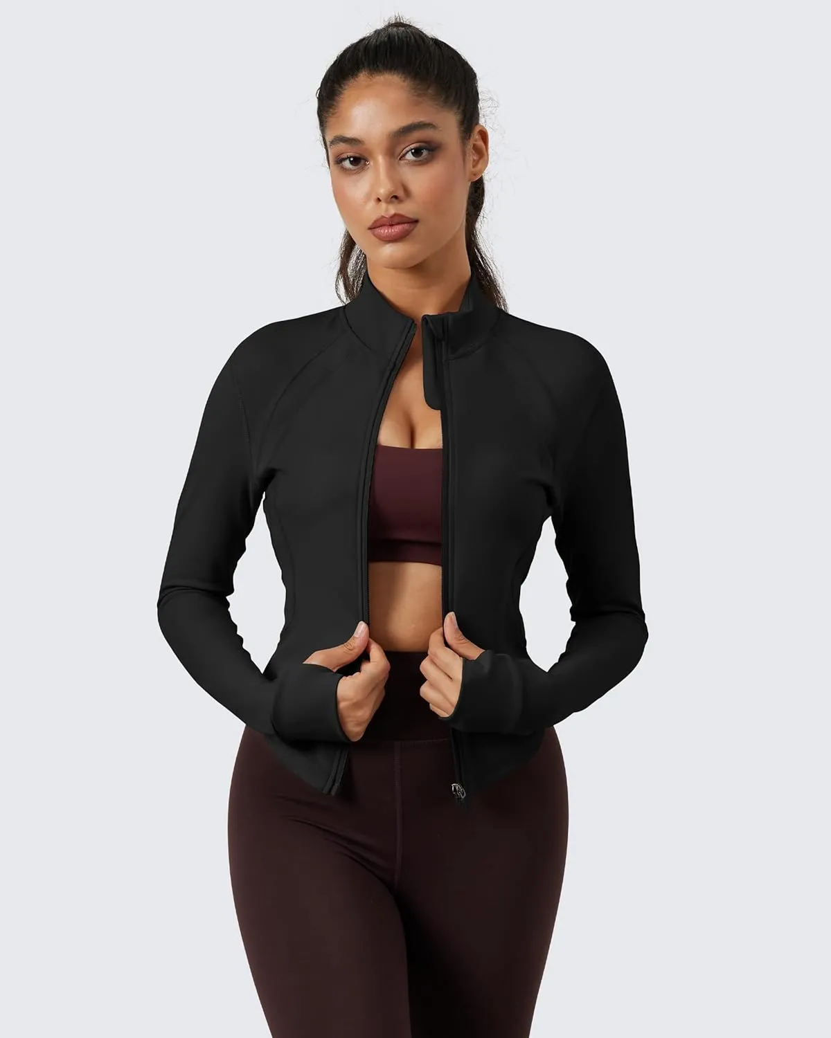 QUEENIEKE Women's Cropped Workout Jackets - Zip Up Long Sleeves Athletic Yoga Slim Fit BBL Running Jacket with Thumb Holes