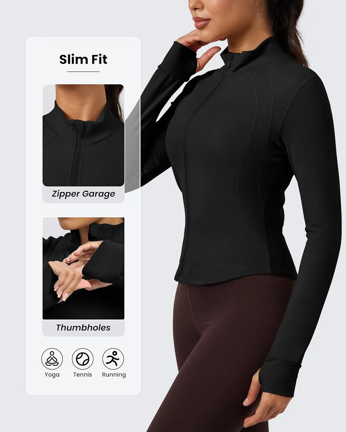 QUEENIEKE Women's Cropped Workout Jackets - Zip Up Long Sleeves Athletic Yoga Slim Fit BBL Running Jacket with Thumb Holes