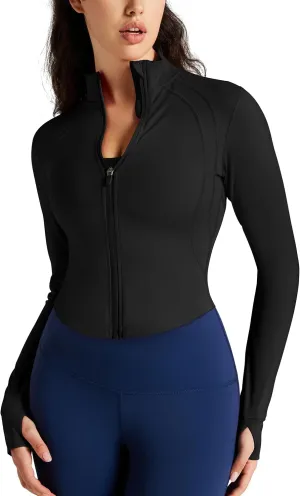 QUEENIEKE Women's Cropped Workout Jackets - Zip Up Long Sleeves Athletic Yoga Slim Fit BBL Running Jacket with Thumb Holes