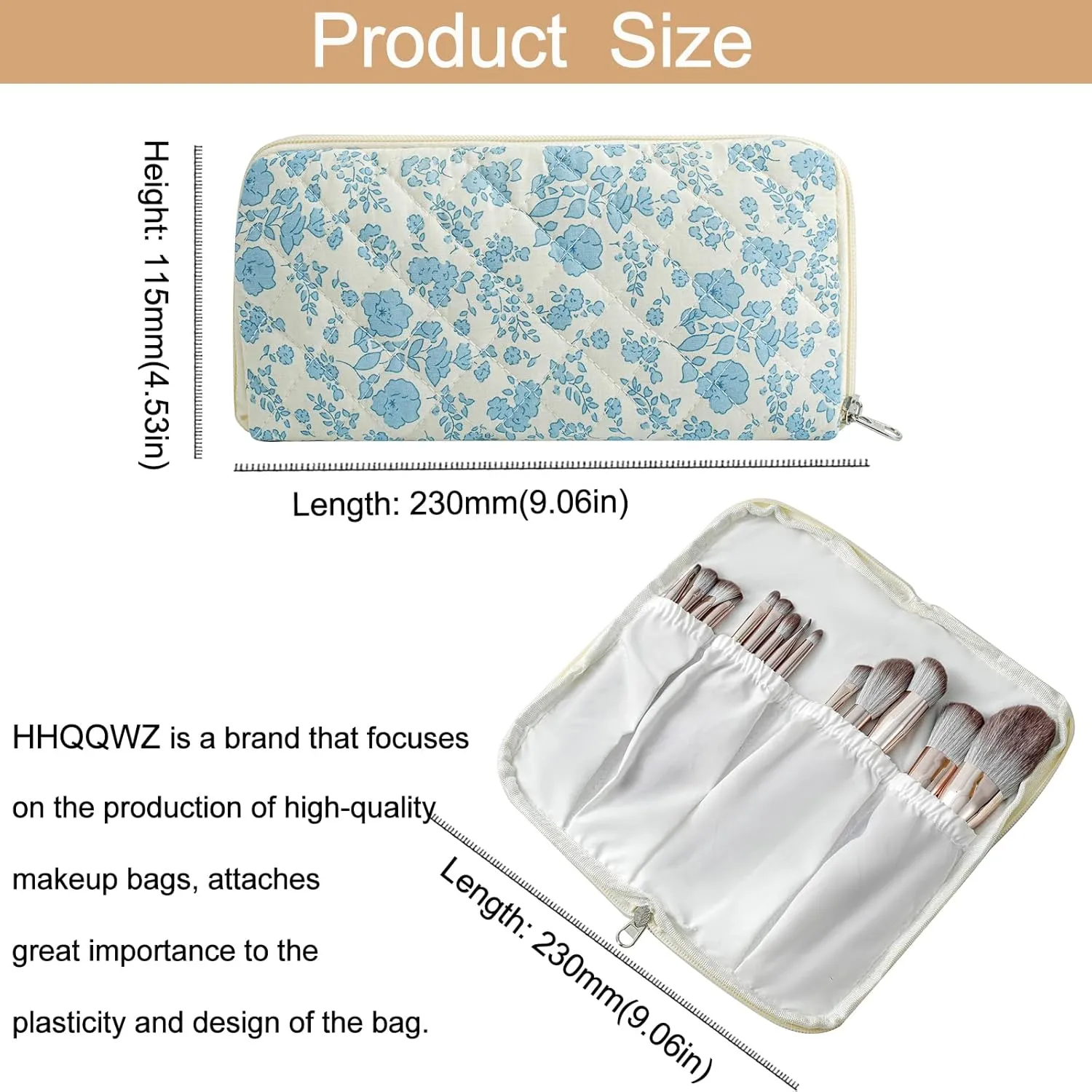 Quilted Makeup Brush Bag Travel Cosmetic Bag for Women, Floral Coquette Cotton Makeup Brush Case Toiletry Zipper Make Up Pouch, Travel Storage Organizer Pouch (Blue Floral)