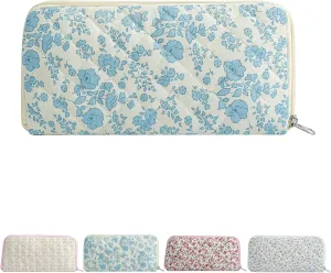 Quilted Makeup Brush Bag Travel Cosmetic Bag for Women, Floral Coquette Cotton Makeup Brush Case Toiletry Zipper Make Up Pouch, Travel Storage Organizer Pouch (Blue Floral)