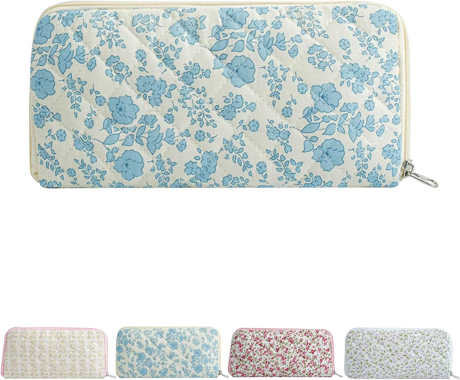 Quilted Makeup Brush Bag Travel Cosmetic Bag for Women, Floral Coquette Cotton Makeup Brush Case Toiletry Zipper Make Up Pouch, Travel Storage Organizer Pouch (Blue Floral)