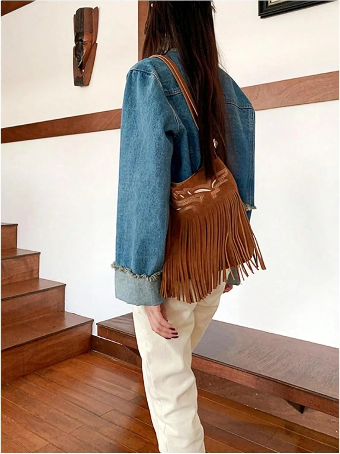 QWINEE Women's Fringe Hobo Bags Tassel Vintage Suede Crossbody Bag Shoulder Bags