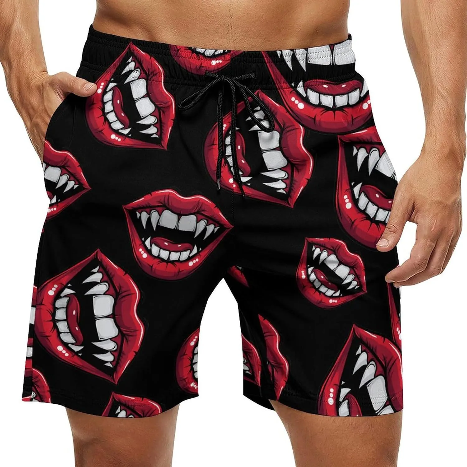 Red Clown Vampire Mouth Creepy Lips Men's Swim Trunks Quick Dry Board Shorts Breathable Summer Beach Shorts Bathing Suits