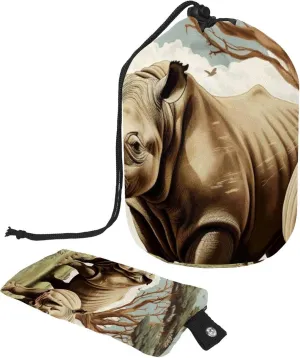 Rhino in Green Grass 61 Travel Cosmetic Bags Makeup Bag for Women, Foldable Drawstring Travel Cosmetic Bags, Portable Toiletry Bucket Bag