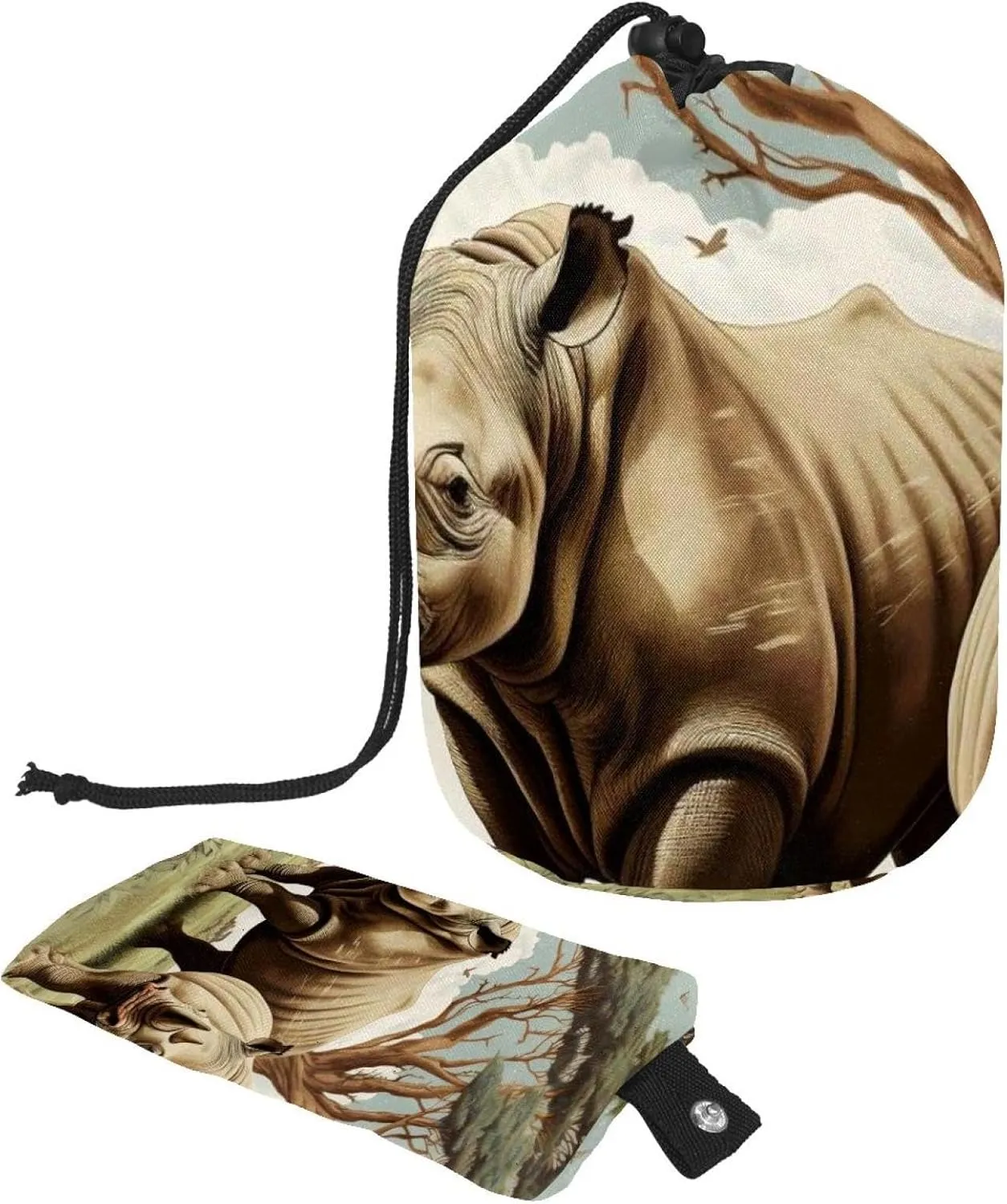 Rhino in Green Grass 61 Travel Cosmetic Bags Makeup Bag for Women, Foldable Drawstring Travel Cosmetic Bags, Portable Toiletry Bucket Bag