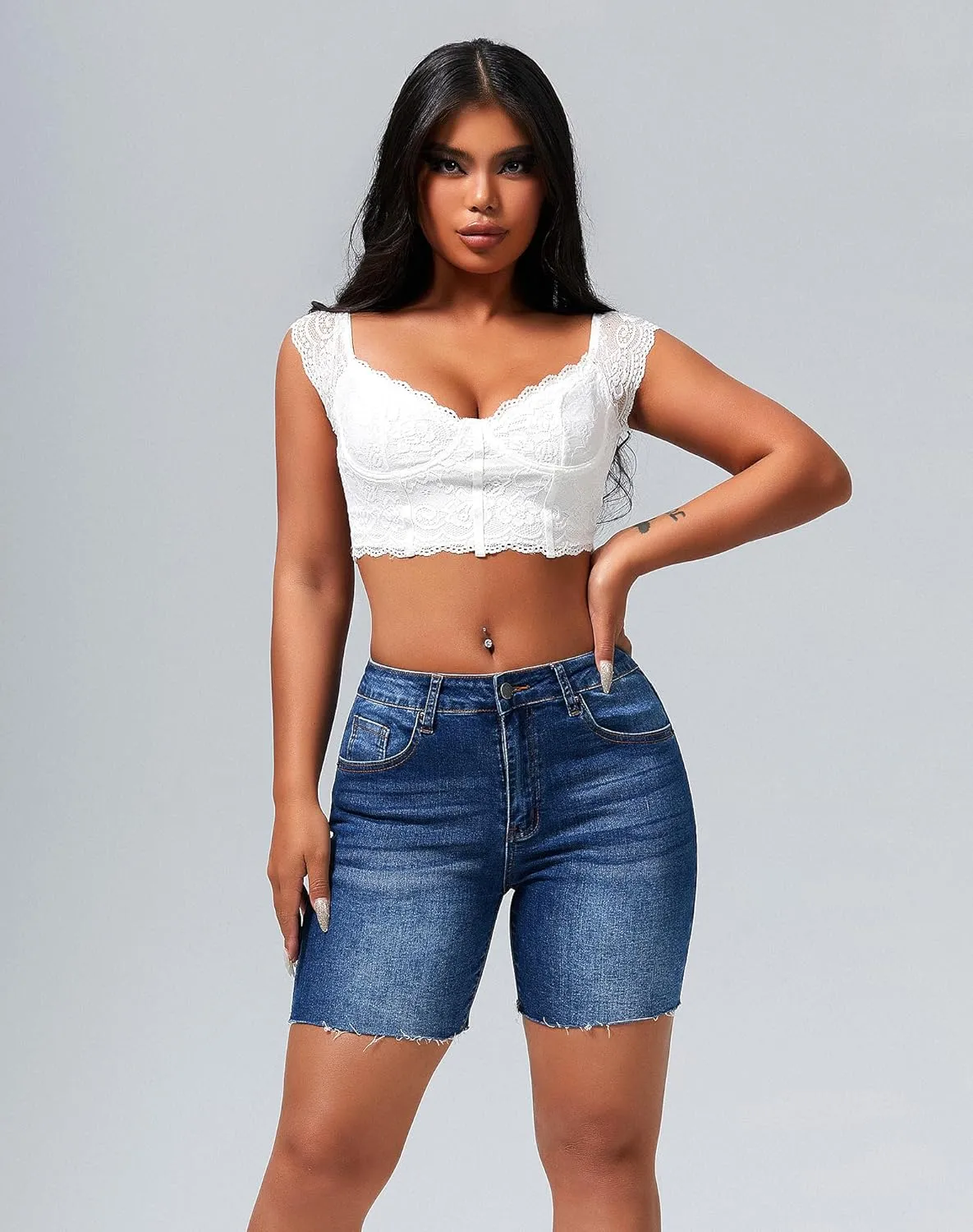roswear Women's High Waisted Mid Thigh Stretchy Cut Off Jean Shorts