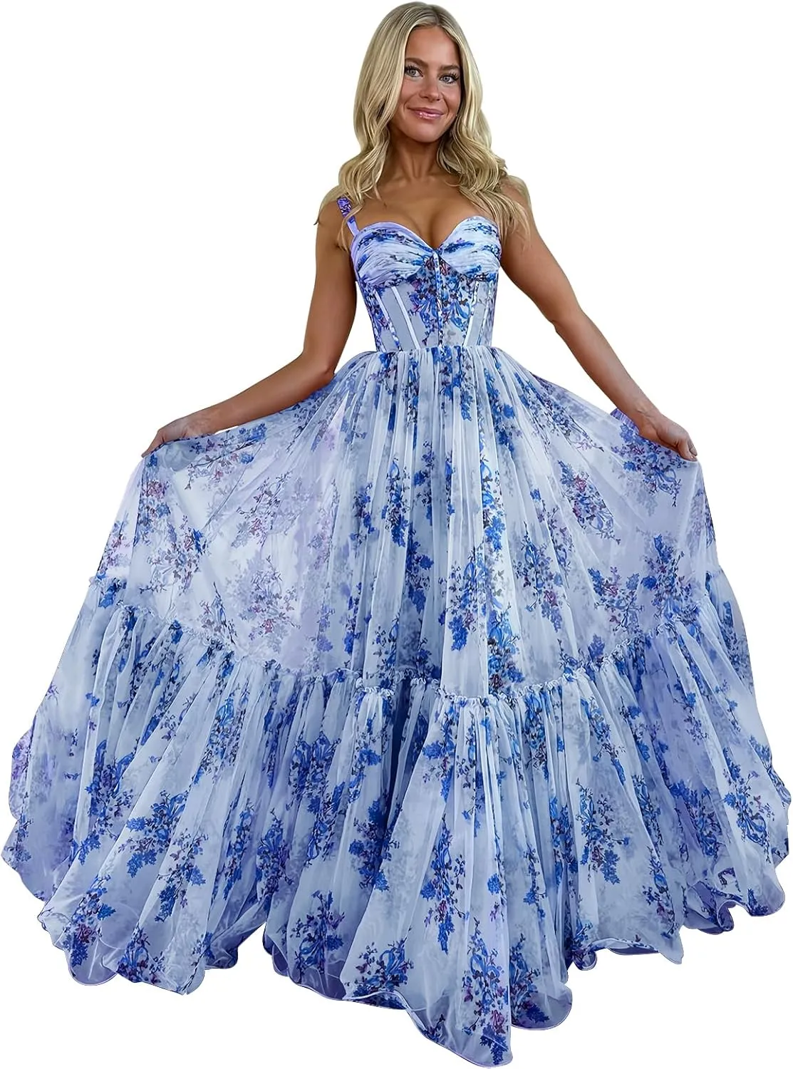 Ruffly Floral Chiffon Prom Dresses 2025 for Teens Sweetheart Corset Straps Formal Evening Party Gown