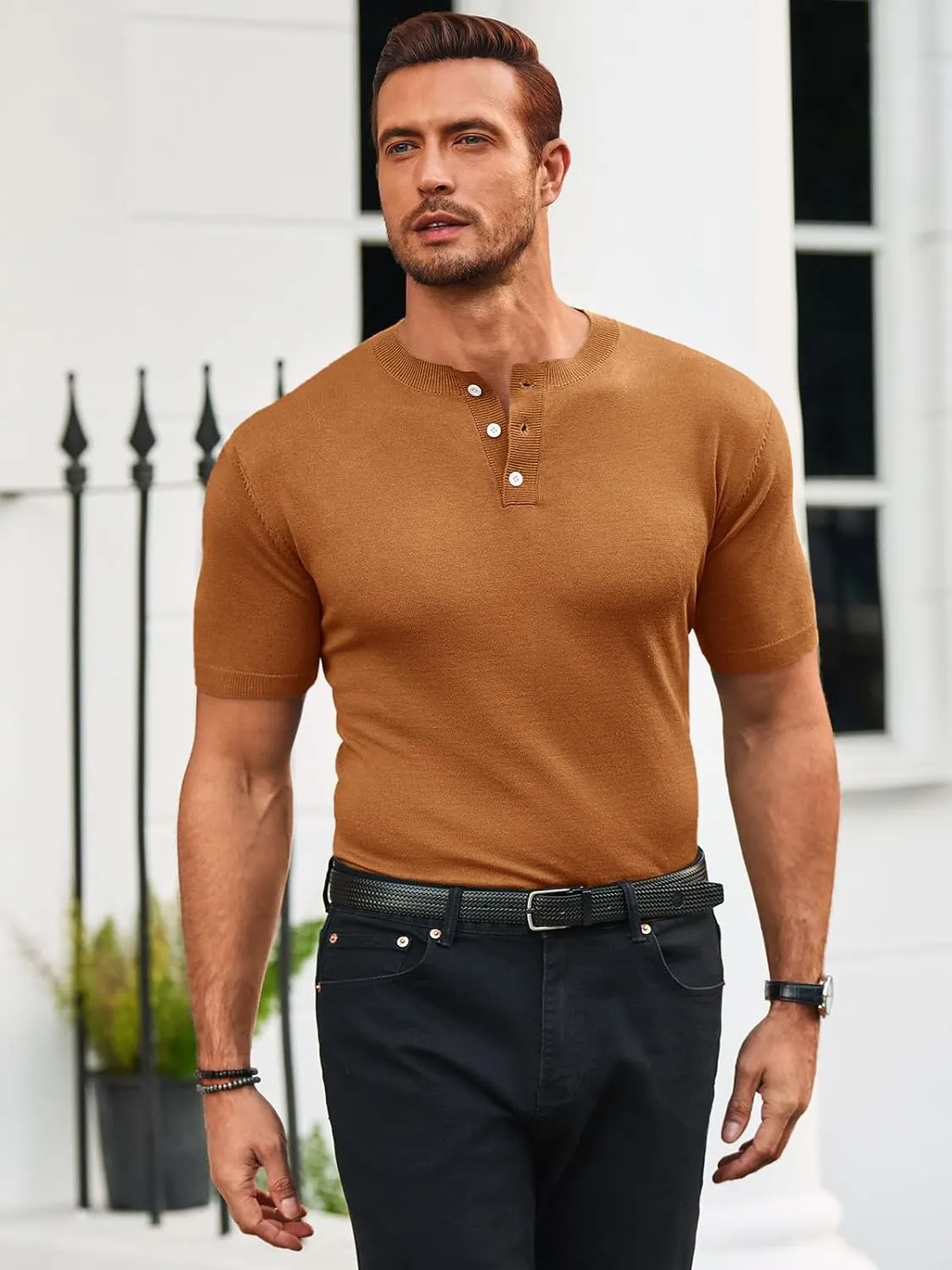 Runcati Mens Knit Henley Shirt Short Sleeve Casual Slim Fit T-Shirts Lightweight Pullover Tops