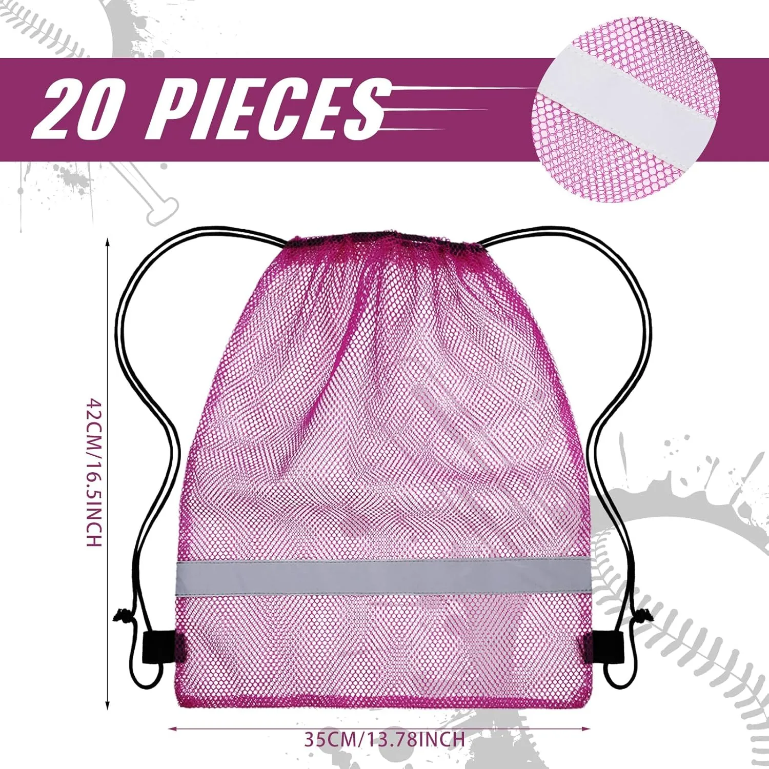 Saintrygo 20 Pcs Reflective Mesh Drawstring Bag 16.54 x 13.78 Inch Quick Drying Swimming Sport Beach Bag for Woman Man(Purple)