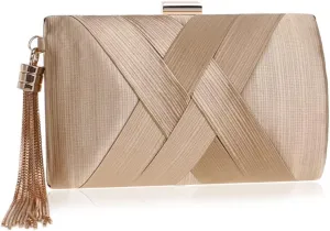Satin Women Evening Bags Party Clutch Bags Tassel Golden Metal Shoulder Bag Chain Handbags