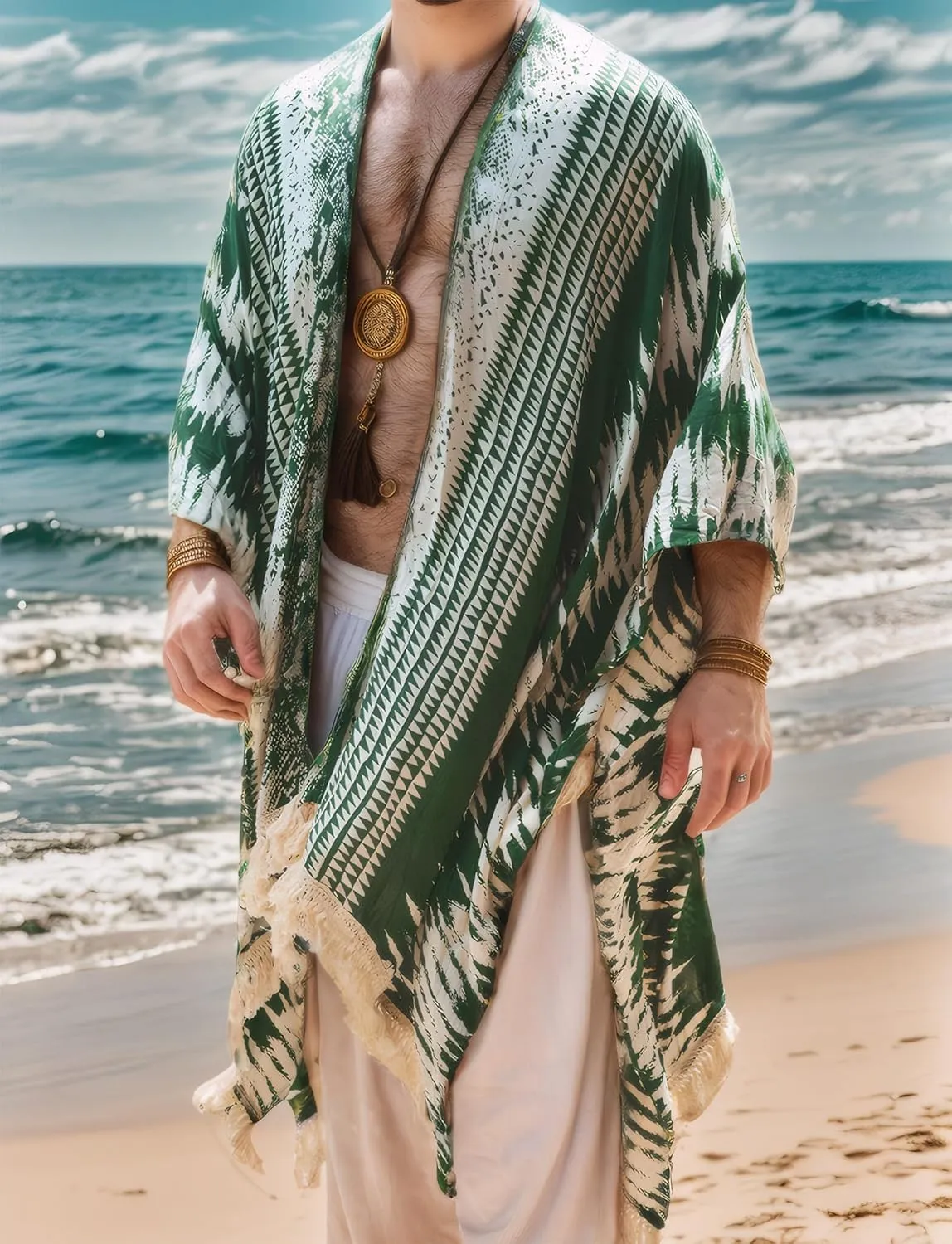 SEAUR Men's Lightweight Kimono Robe Casual Open Front Long Cardigan Summer Loose Half Sleeve Beach Shawl