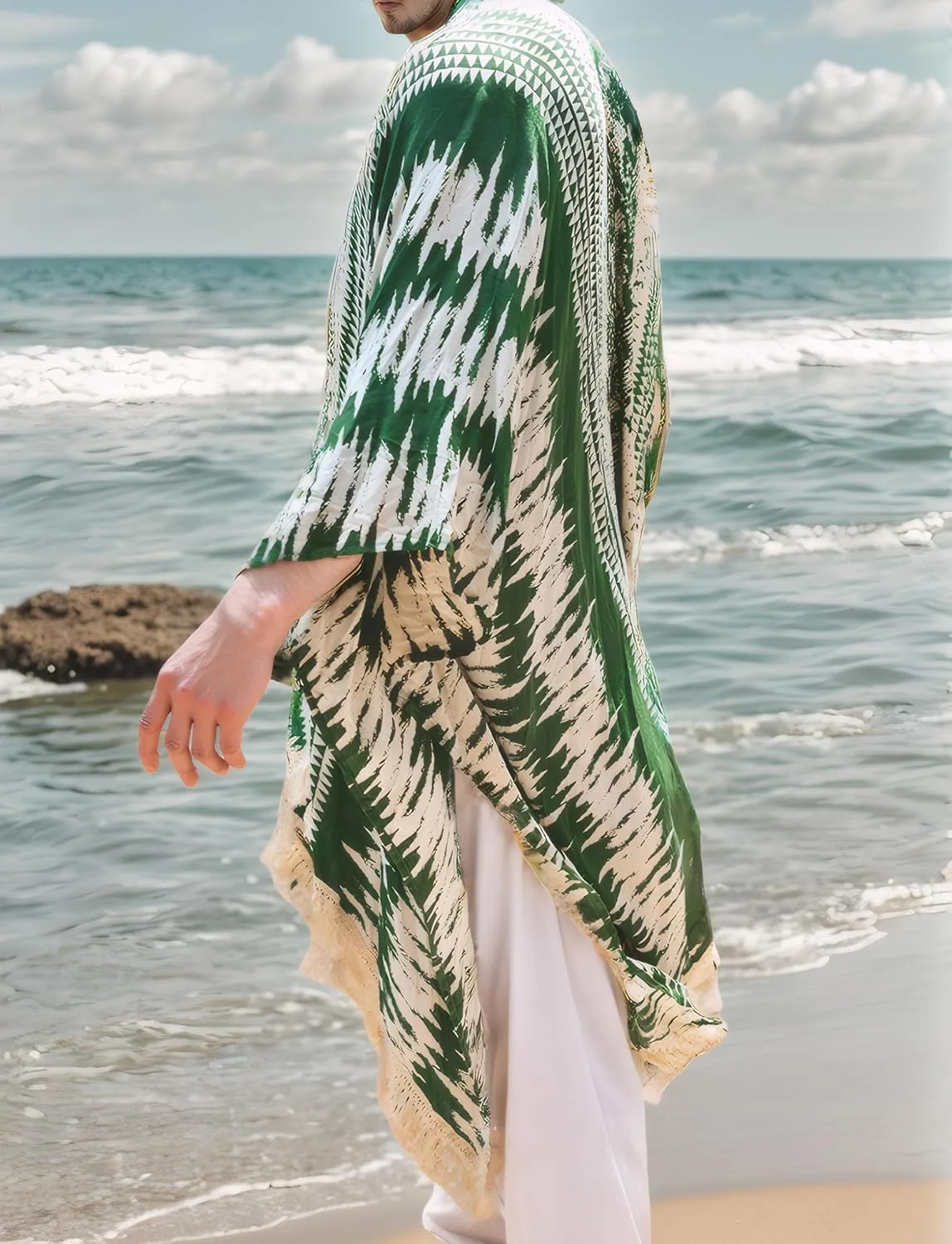 SEAUR Men's Lightweight Kimono Robe Casual Open Front Long Cardigan Summer Loose Half Sleeve Beach Shawl