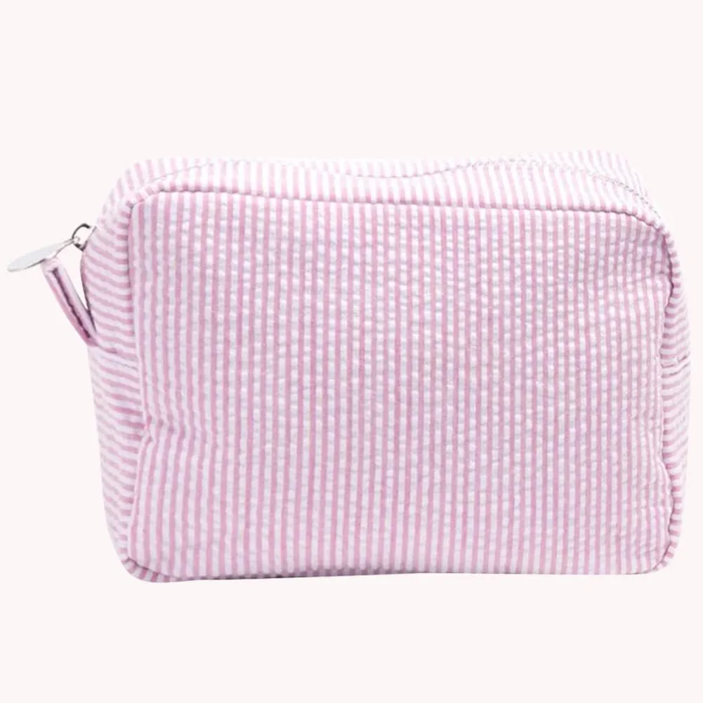 Seersucker Cosmetic Bag Travel Toiletry Bag Zipper Closure Travel Makeup Bag Organizer Portable Large Waterproof Nylon for Women