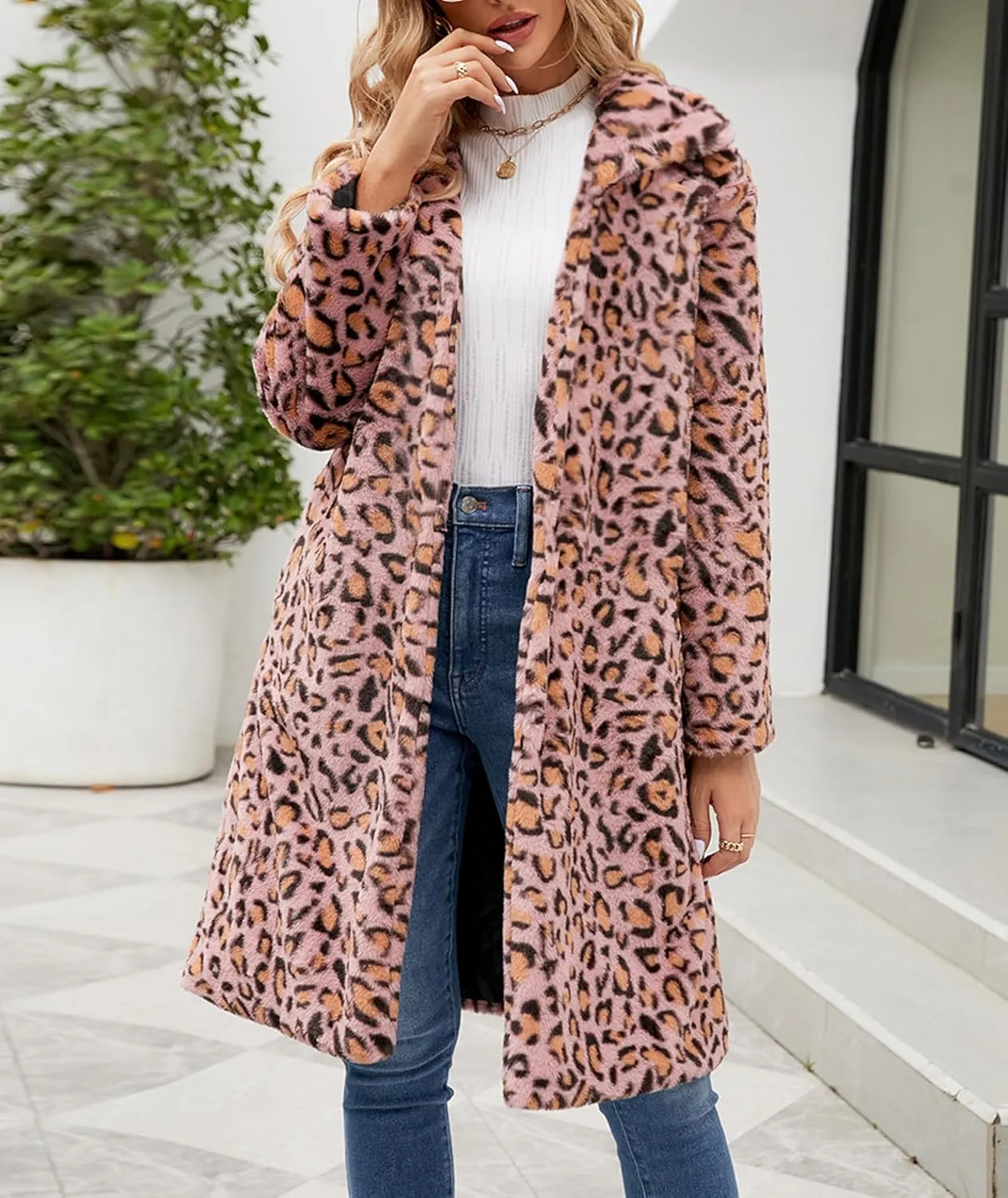 Sexyshine Women's Leopard Print Faux Fur Long Coat Winter Fall Lapel Collar Fuzzy Furry Trench Coat Open Front Jackets