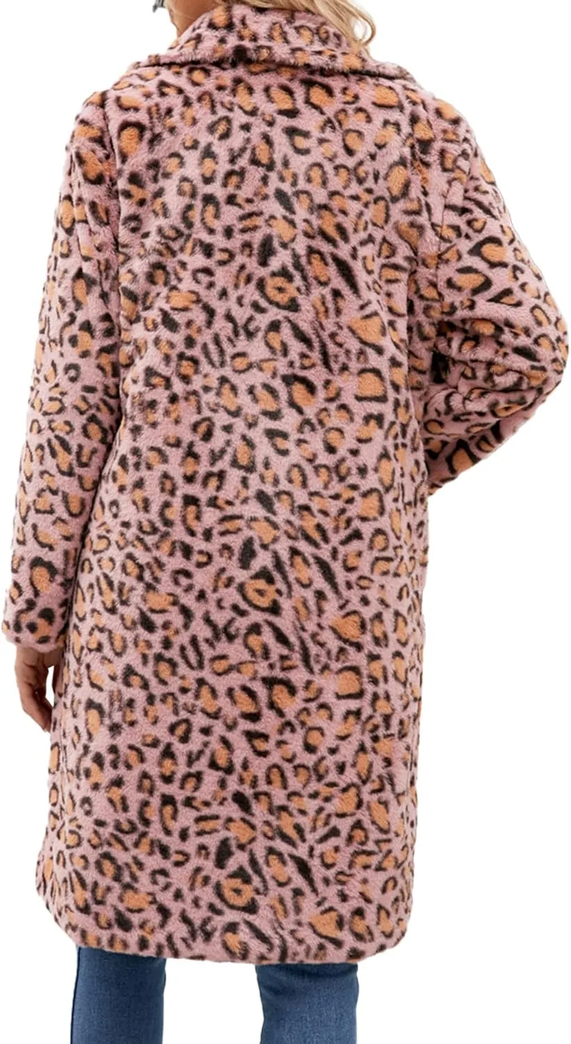 Sexyshine Women's Leopard Print Faux Fur Long Coat Winter Fall Lapel Collar Fuzzy Furry Trench Coat Open Front Jackets