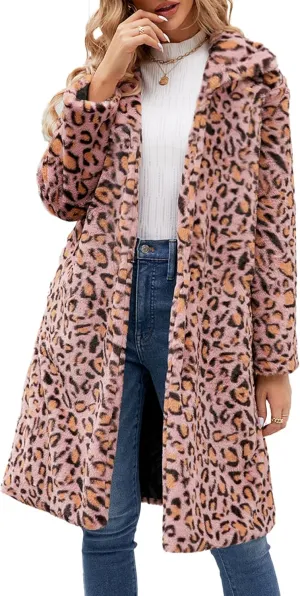 Sexyshine Women's Leopard Print Faux Fur Long Coat Winter Fall Lapel Collar Fuzzy Furry Trench Coat Open Front Jackets