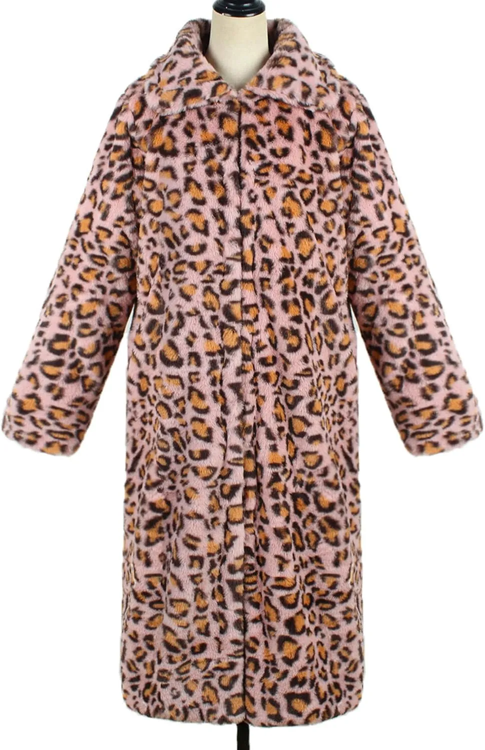 Sexyshine Women's Leopard Print Faux Fur Long Coat Winter Fall Lapel Collar Fuzzy Furry Trench Coat Open Front Jackets