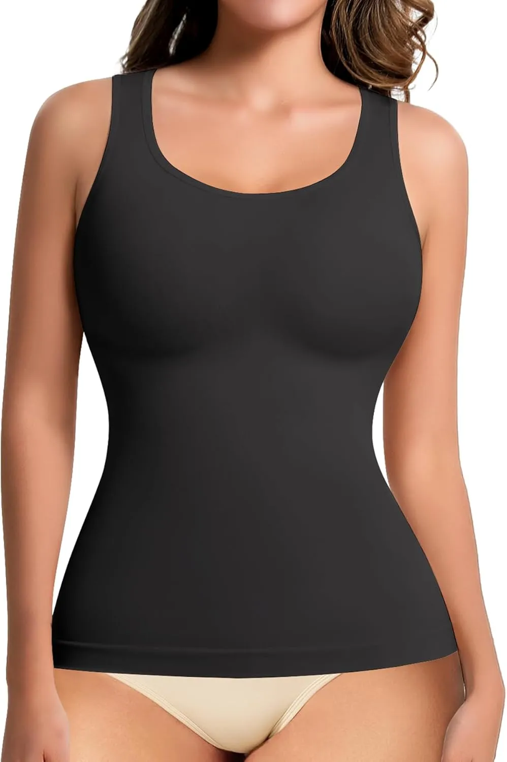Shapewear Tank Tops for Women Tummy Control Camisole Compression Crew Neck Tanks Top Seamless Cami Slimming Body Shaper (Black, Large)
