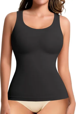 Shapewear Tank Tops for Women Tummy Control Camisole Compression Crew Neck Tanks Top Seamless Cami Slimming Body Shaper (Black, Large)