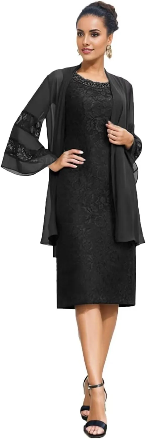 SIPUHK 2 Pieces Mother of The Bride Dresses with Jackets Lace Beaded 3/4 Sleeve Bodycon Formal Dress for Women Wedding Guest