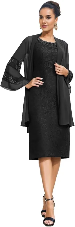 SIPUHK 2 Pieces Mother of The Bride Dresses with Jackets Lace Beaded 3/4 Sleeve Bodycon Formal Dress for Women Wedding Guest