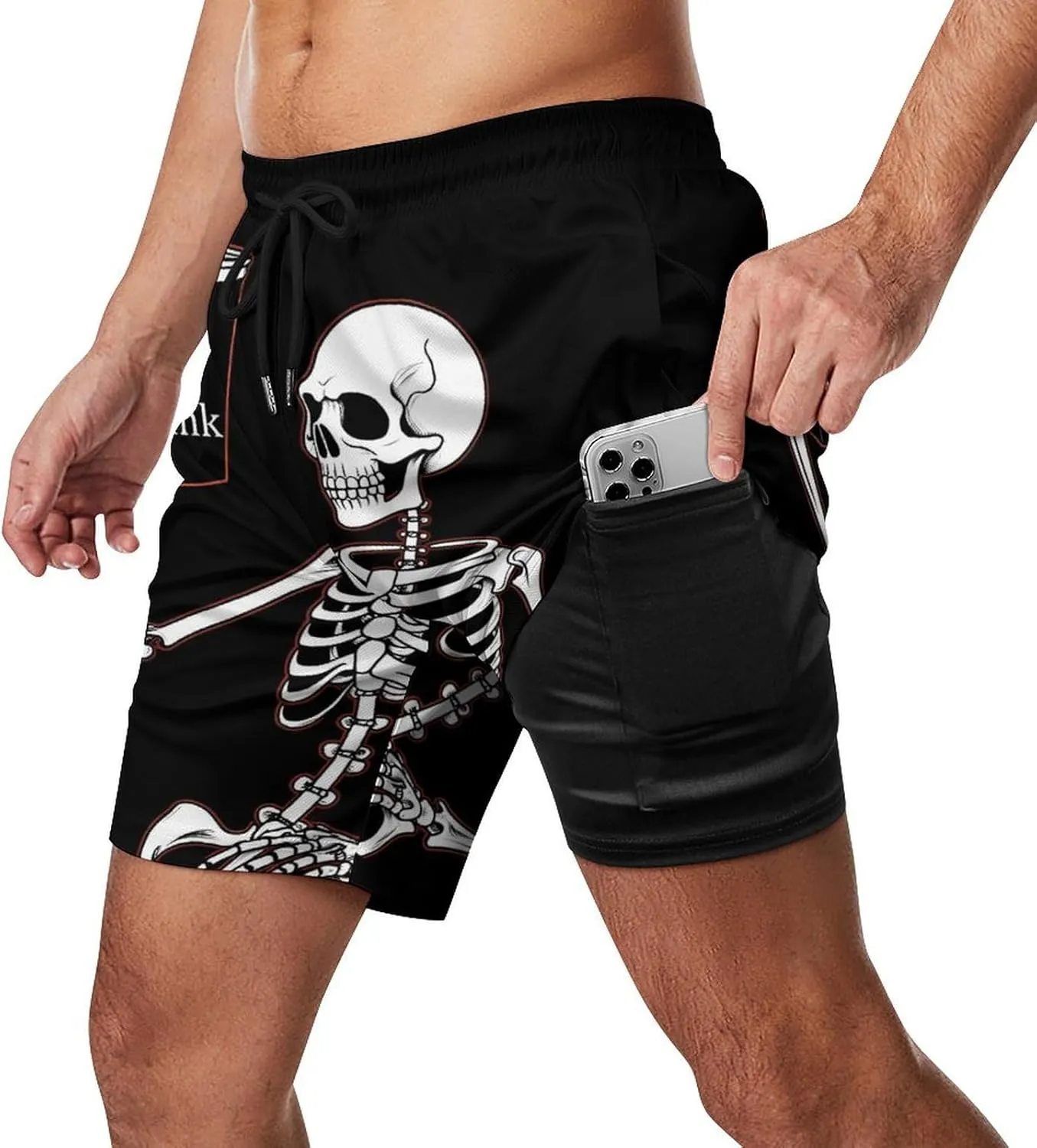 Skeleton Skull Beer Drink Men's Swim Trunks with Compression Liner Beach Swimming Shorts with Drawstring and Pockets