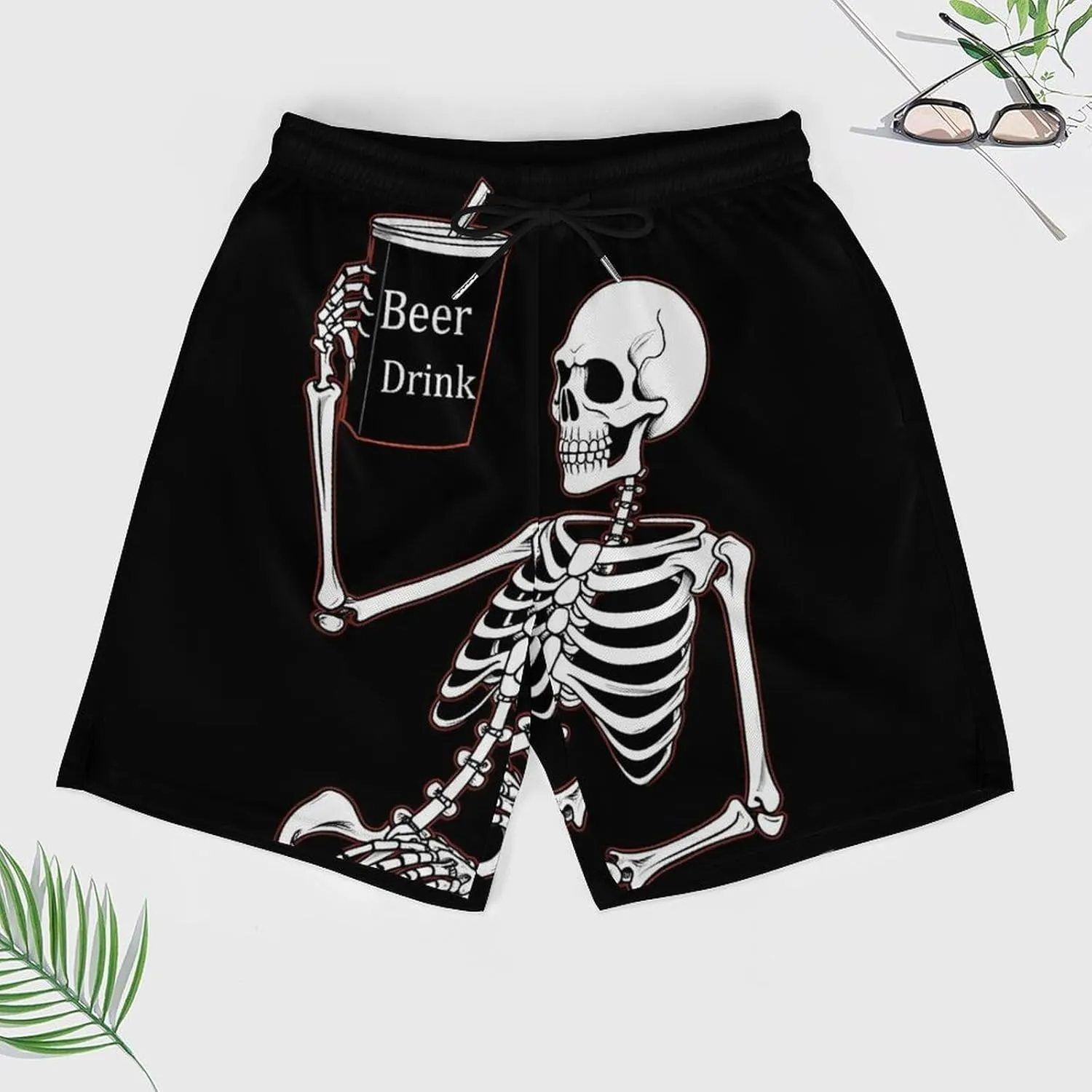 Skeleton Skull Beer Drink Men's Swim Trunks with Compression Liner Beach Swimming Shorts with Drawstring and Pockets