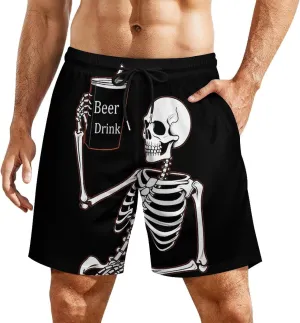 Skeleton Skull Beer Drink Men's Swim Trunks with Compression Liner Beach Swimming Shorts with Drawstring and Pockets