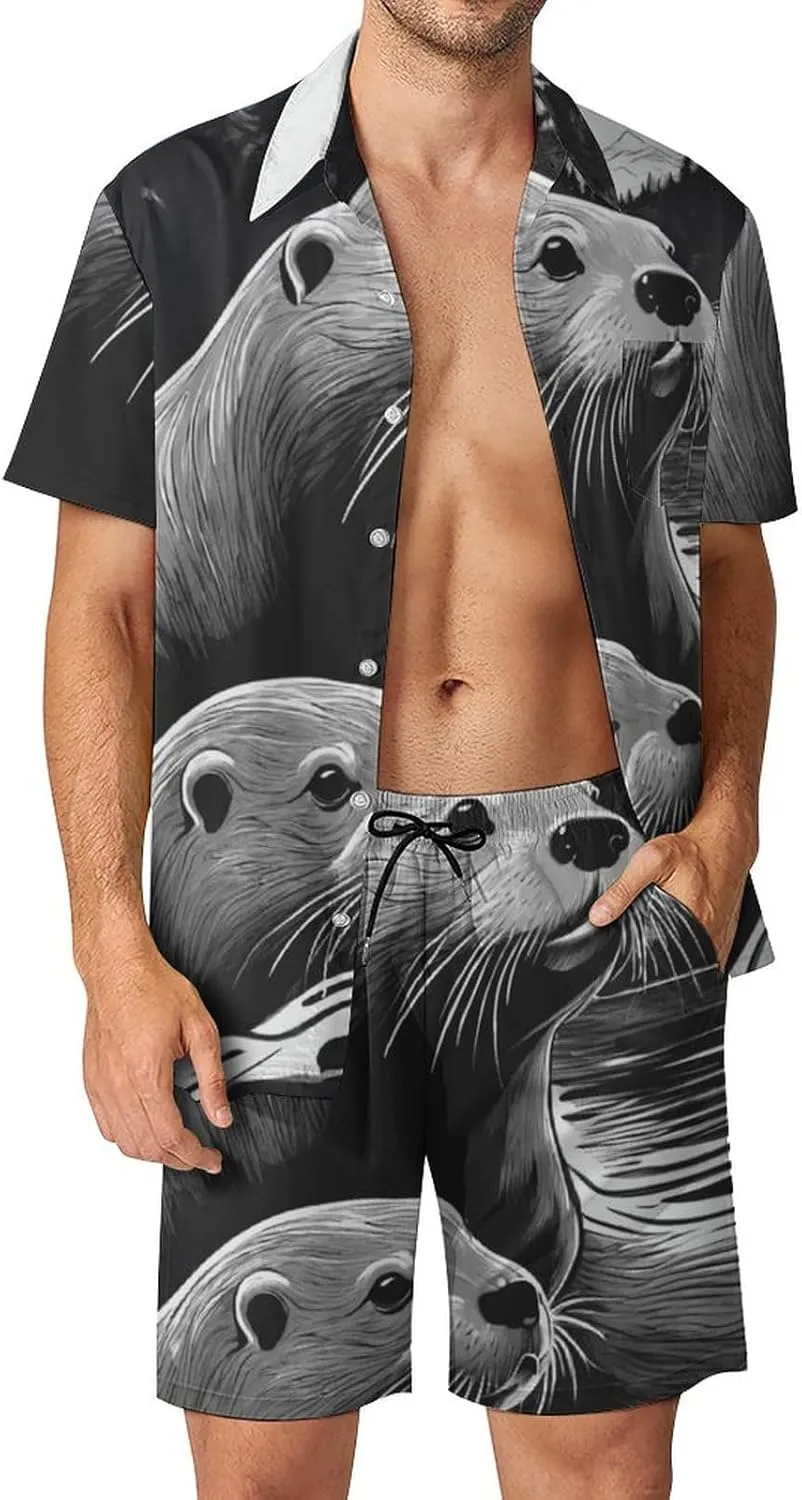 Sketch Otters Party Shorts Shirt Men Swim Trunks Quick Dry Surfing Beach Shorts with Pockets Casual Beach Suit