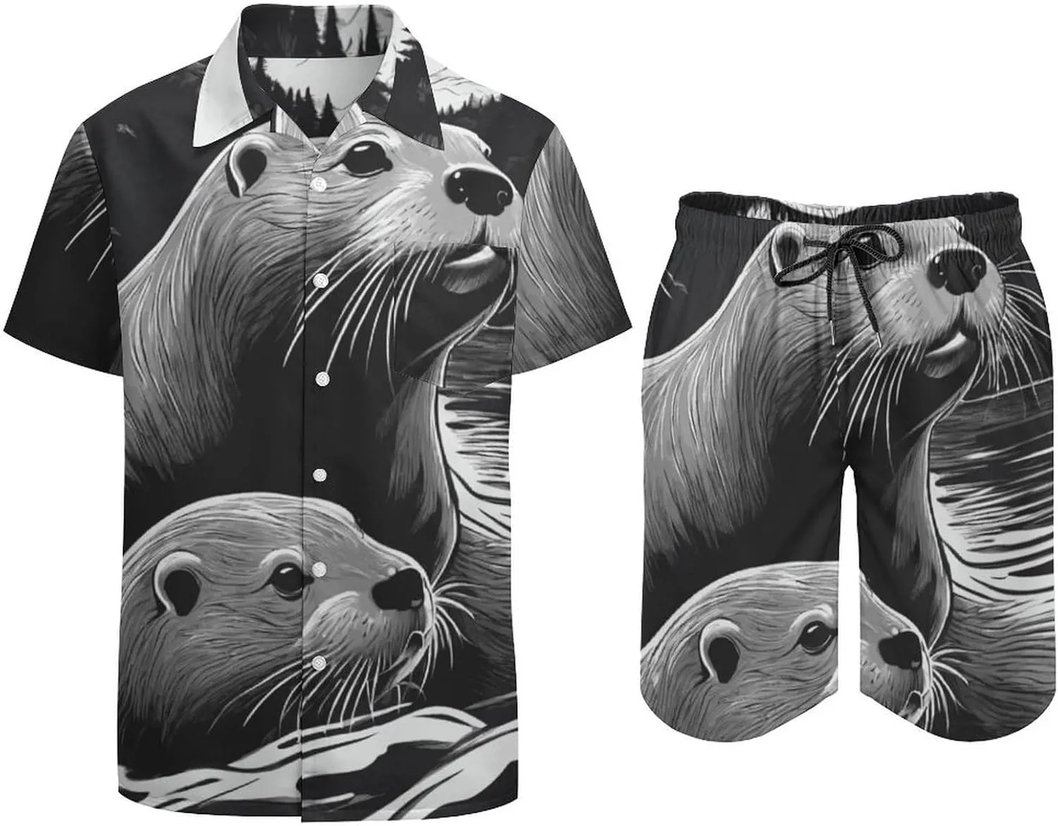 Sketch Otters Party Shorts Shirt Men Swim Trunks Quick Dry Surfing Beach Shorts with Pockets Casual Beach Suit